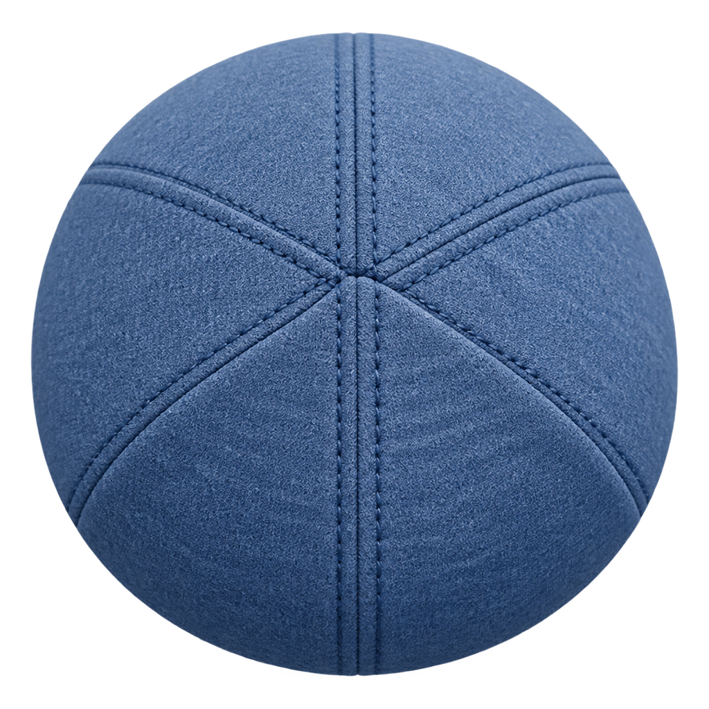 Top-view illustration of blue cap panels with intersecting stitched seams.