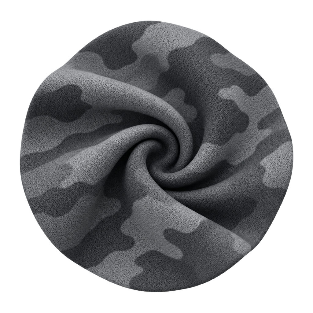 Illustration of grey camouflage fabric twisted into a circular swirl.