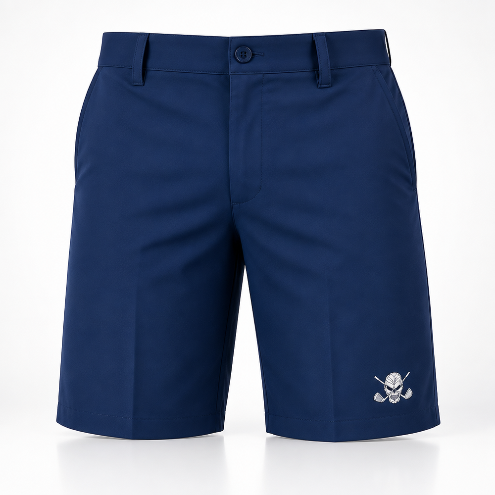 Front view of navy golf shorts with belt loops, a button waist and a white skull-and-crossed-clubs logo near the hem.