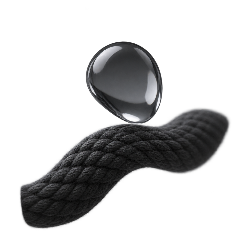 Reflective water droplet above a curved strip of dark textured fabric.