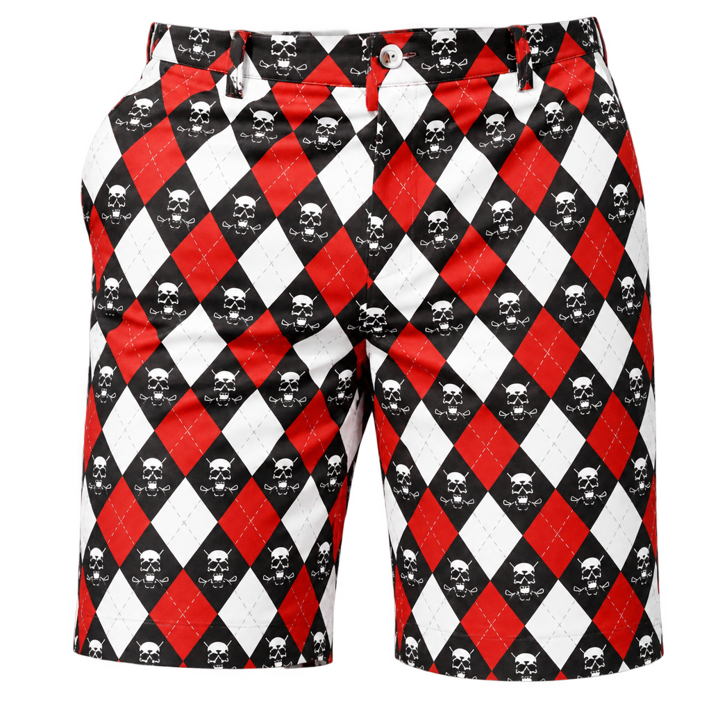 Front view of red, white and black argyle golf shorts with skull motifs.