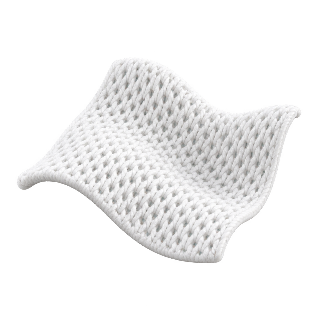 Illustration of a curved white fabric swatch with an open knit texture.