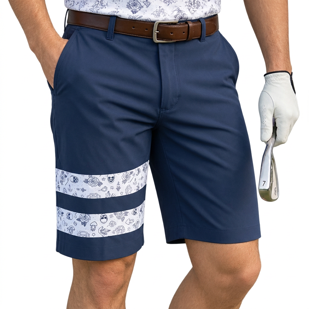 Golfer wearing navy shorts with two white patterned leg bands and a brown belt.