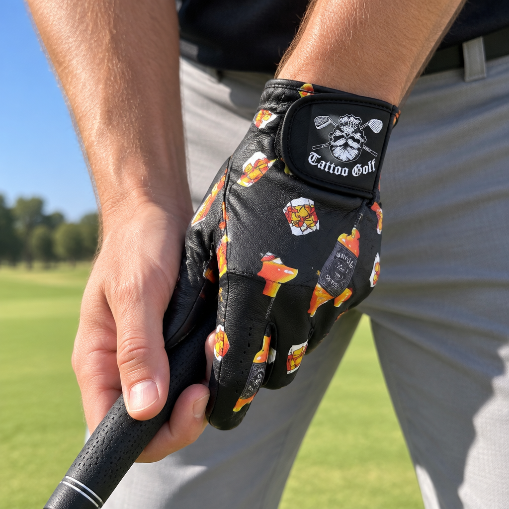 Drink-print black-gloved hand gripping a golf club outdoors.