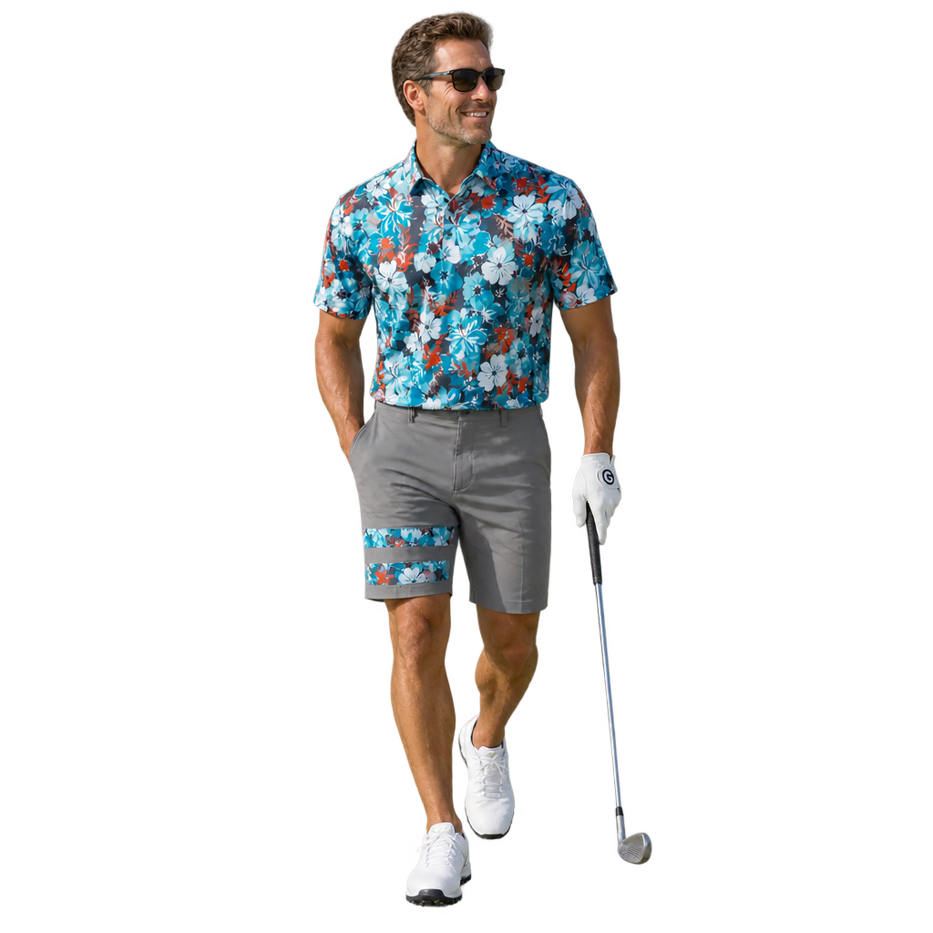 Golfer wearing a teal floral polo and grey shorts with matching floral leg stripes.