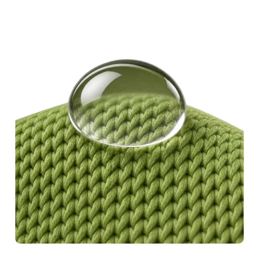 Illustration of a clear water droplet resting on green knitted fabric.