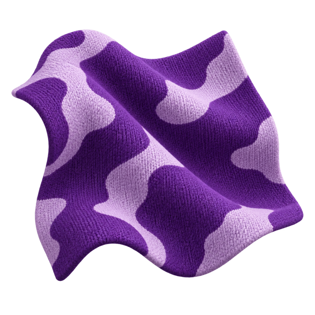 Illustration of a folded purple and lilac cow-print fabric swatch.