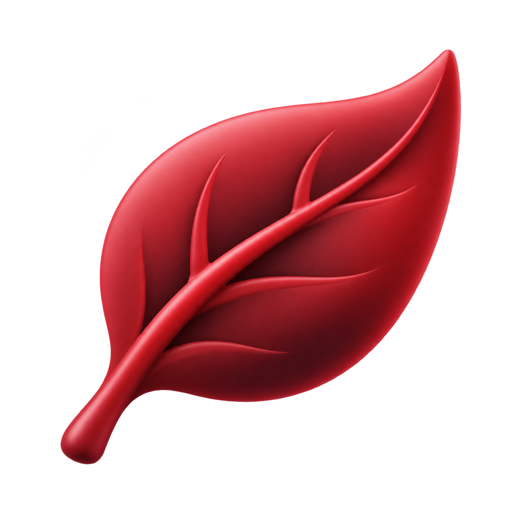 Glowing red leaf icon.