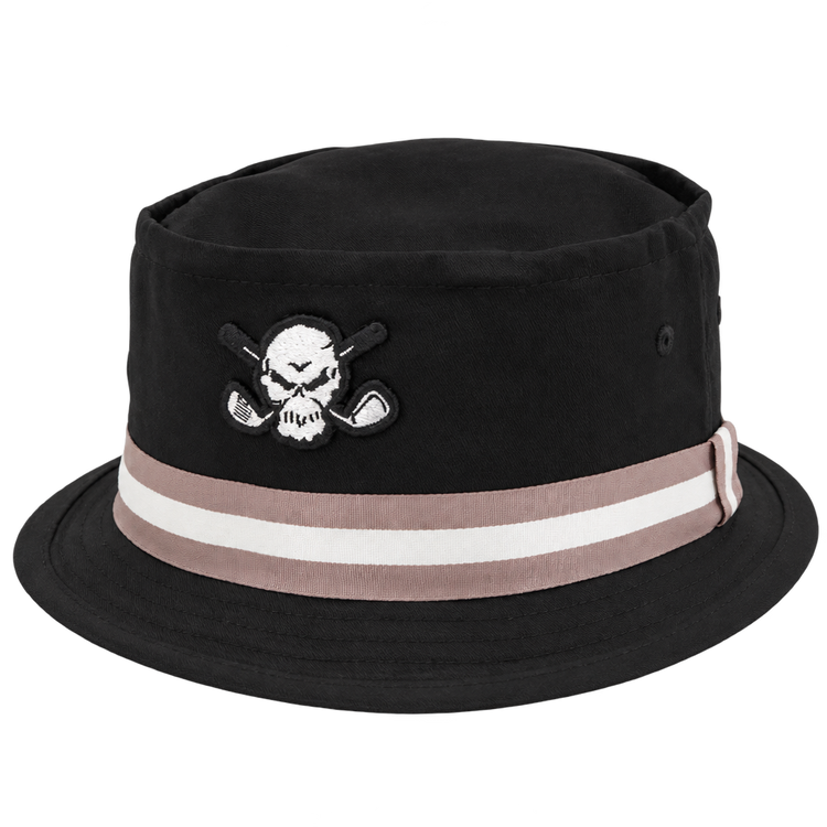 Black bucket hat with a white skull patch and taupe-and-white striped band.