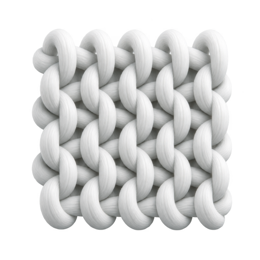 Illustration of enlarged white interlocking knit stitches.