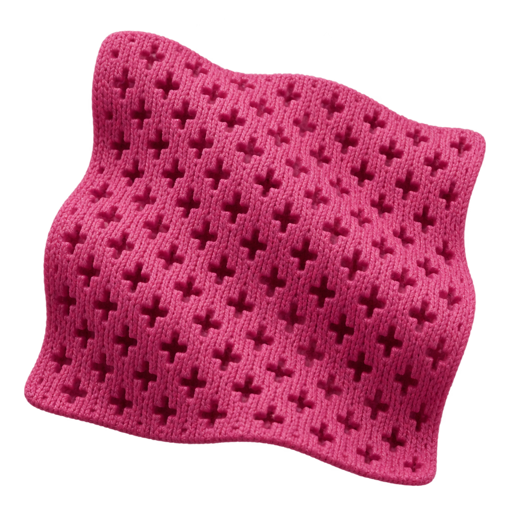 Illustration of a pink knitted swatch patterned with small dark crosses.