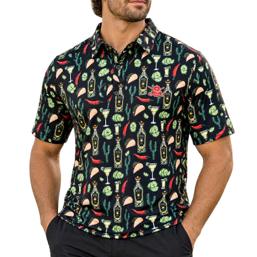 Man wearing a black golf polo covered in colorful tacos, drinks and other food-themed graphics.