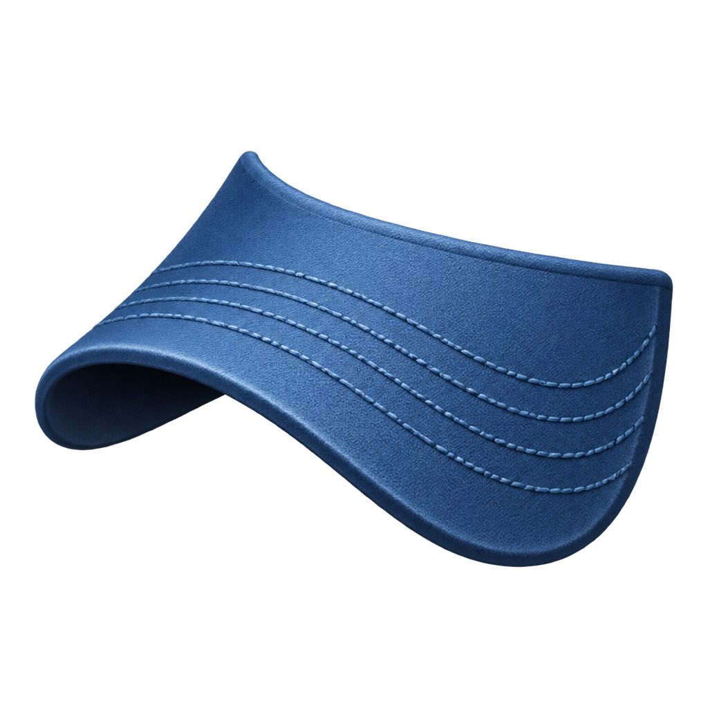Illustration of a curved blue cap brim with parallel stitching.