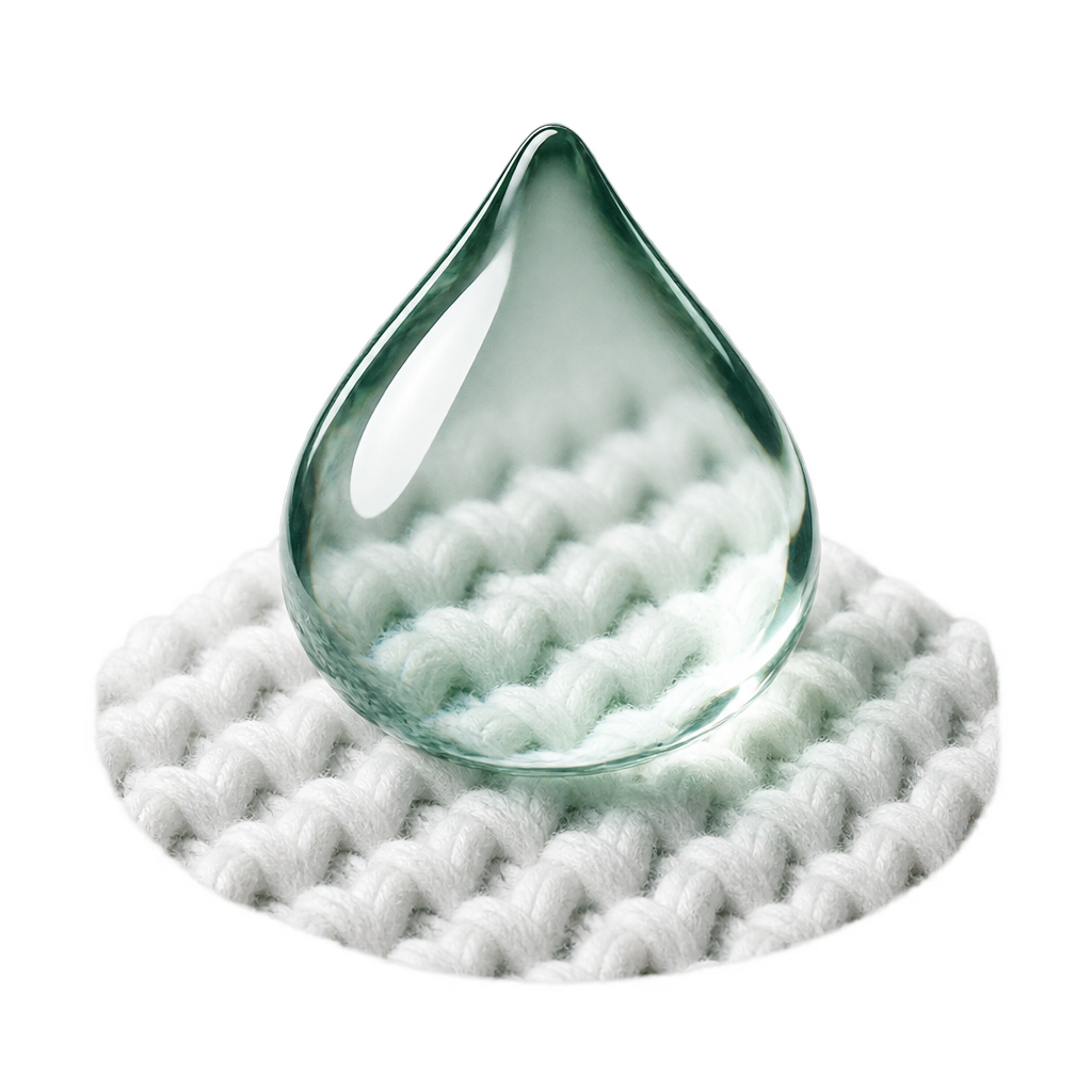 Illustration of a clear green-tinted water droplet resting on white knitted fabric.