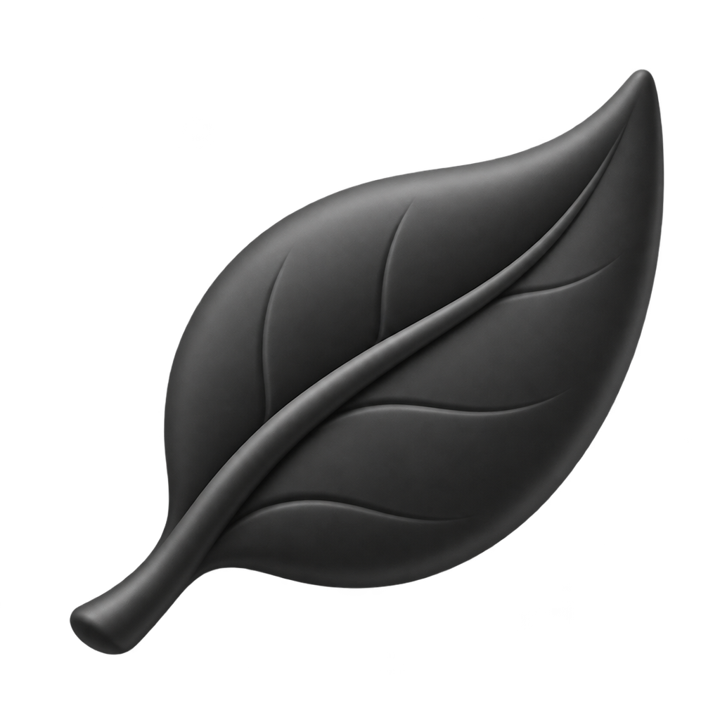 Dark grey leaf icon against a black background.