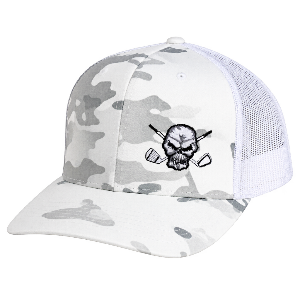 White and grey camouflage cap with white mesh sides and a black skull logo.