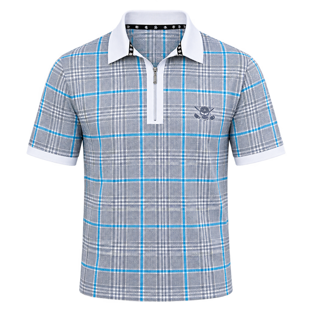 Front view of a grey and blue plaid polo with white trim, a zip placket and skull-and-crossed-clubs chest logo.