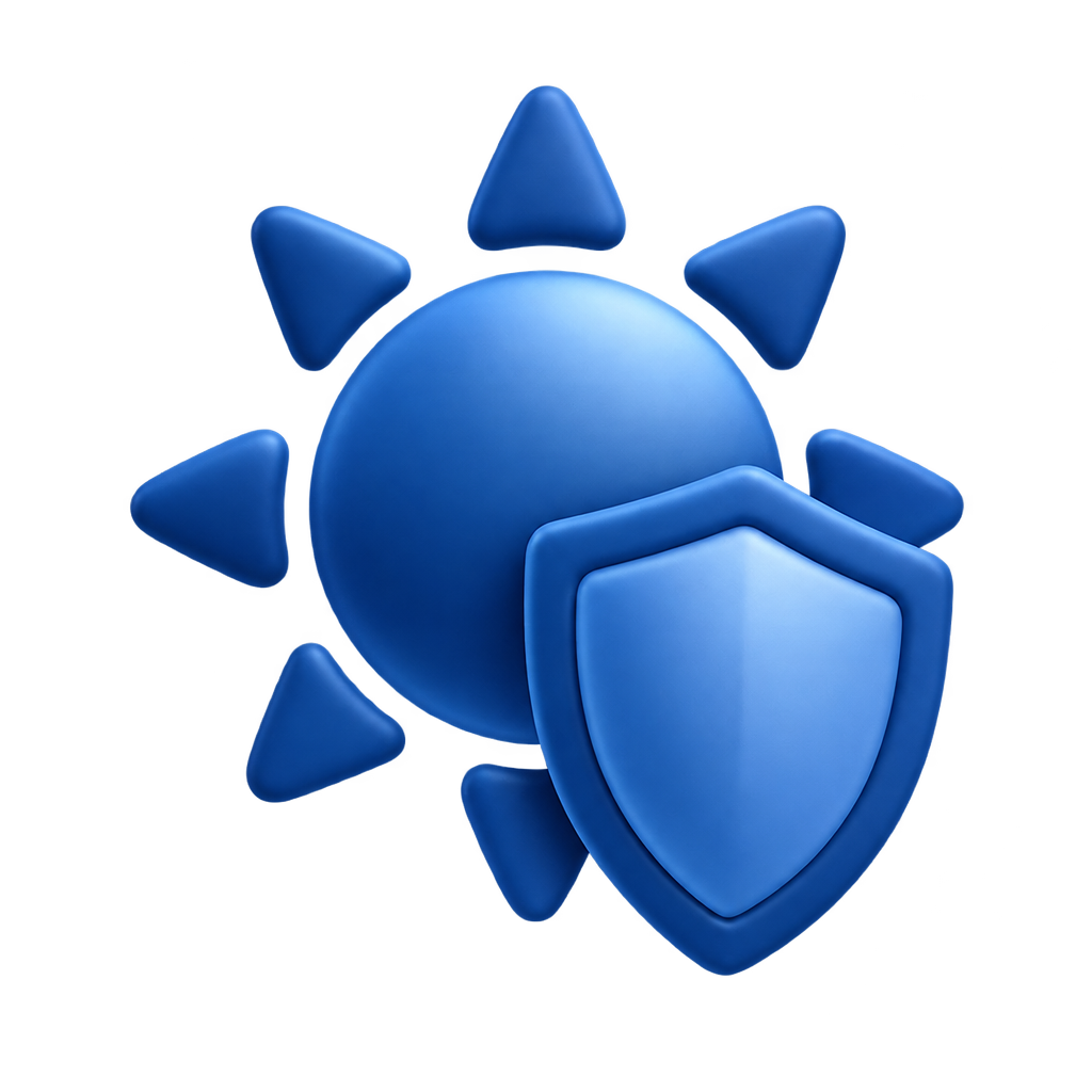 Glowing blue sun-and-shield icon.