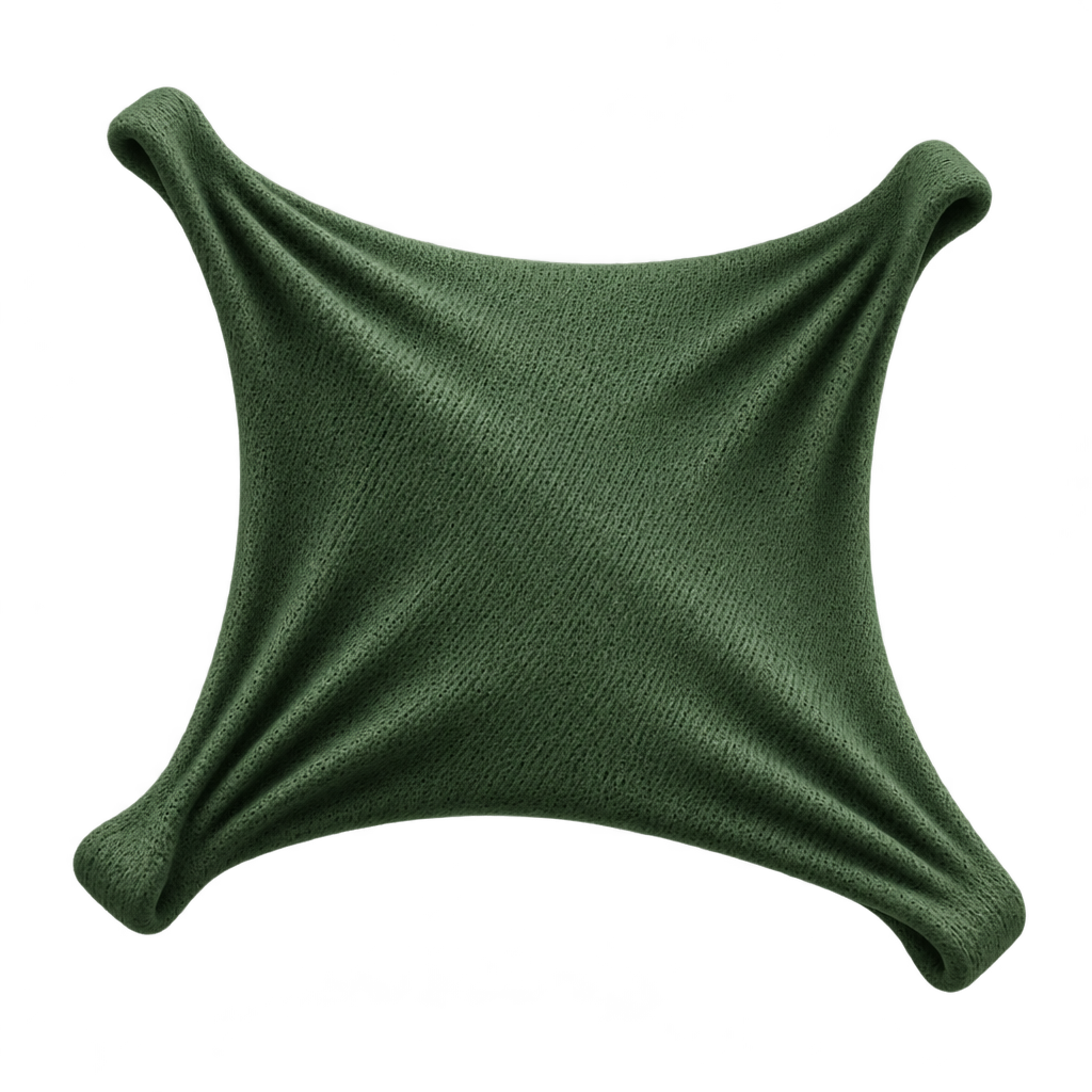 Illustration of green fabric pulled outward at four corners.