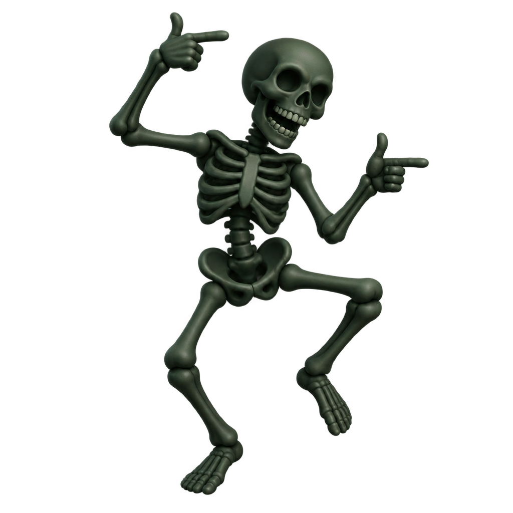 Dark green cartoon skeleton with one knee raised and both hands pointing outward.
