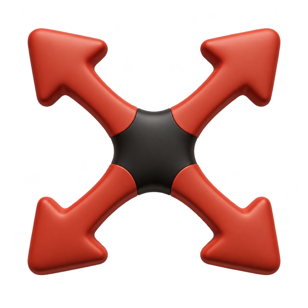 Four red arrows pointing diagonally outward from a dark center in an illustration of stretch.