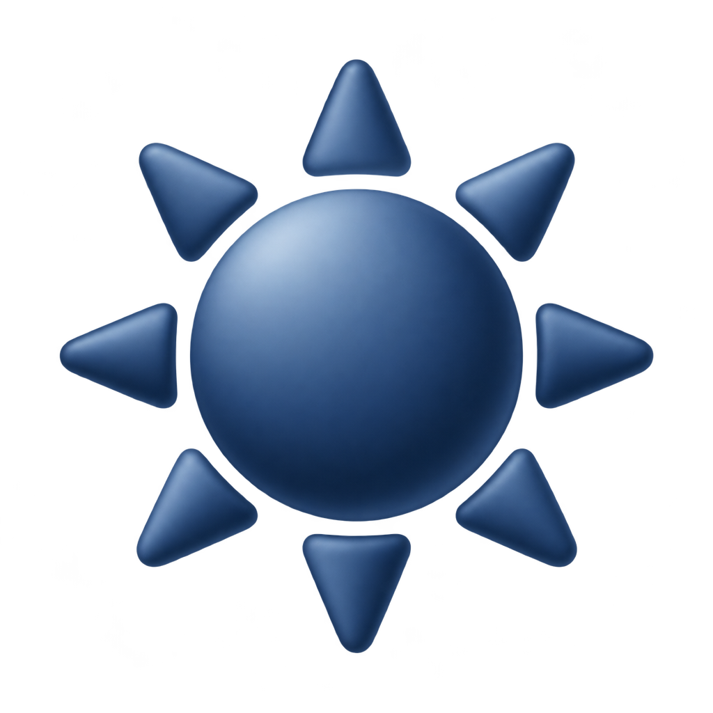 Blue sun icon with pointed rays against a dark background.