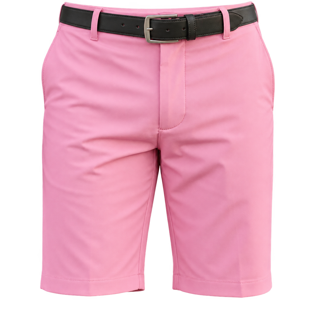 Front view of pink golf shorts worn with a black belt against a dark background.