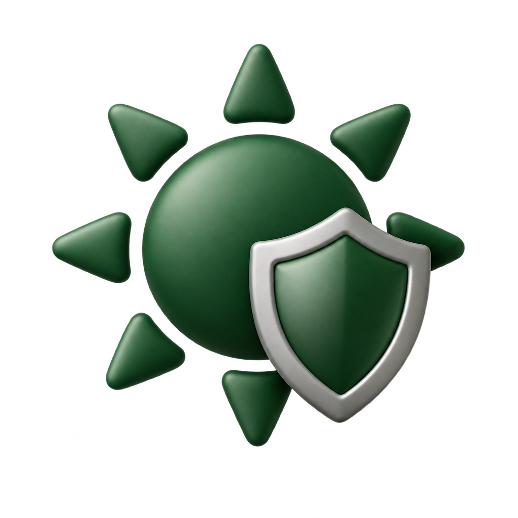 Green sun-and-shield icon against a dark background.