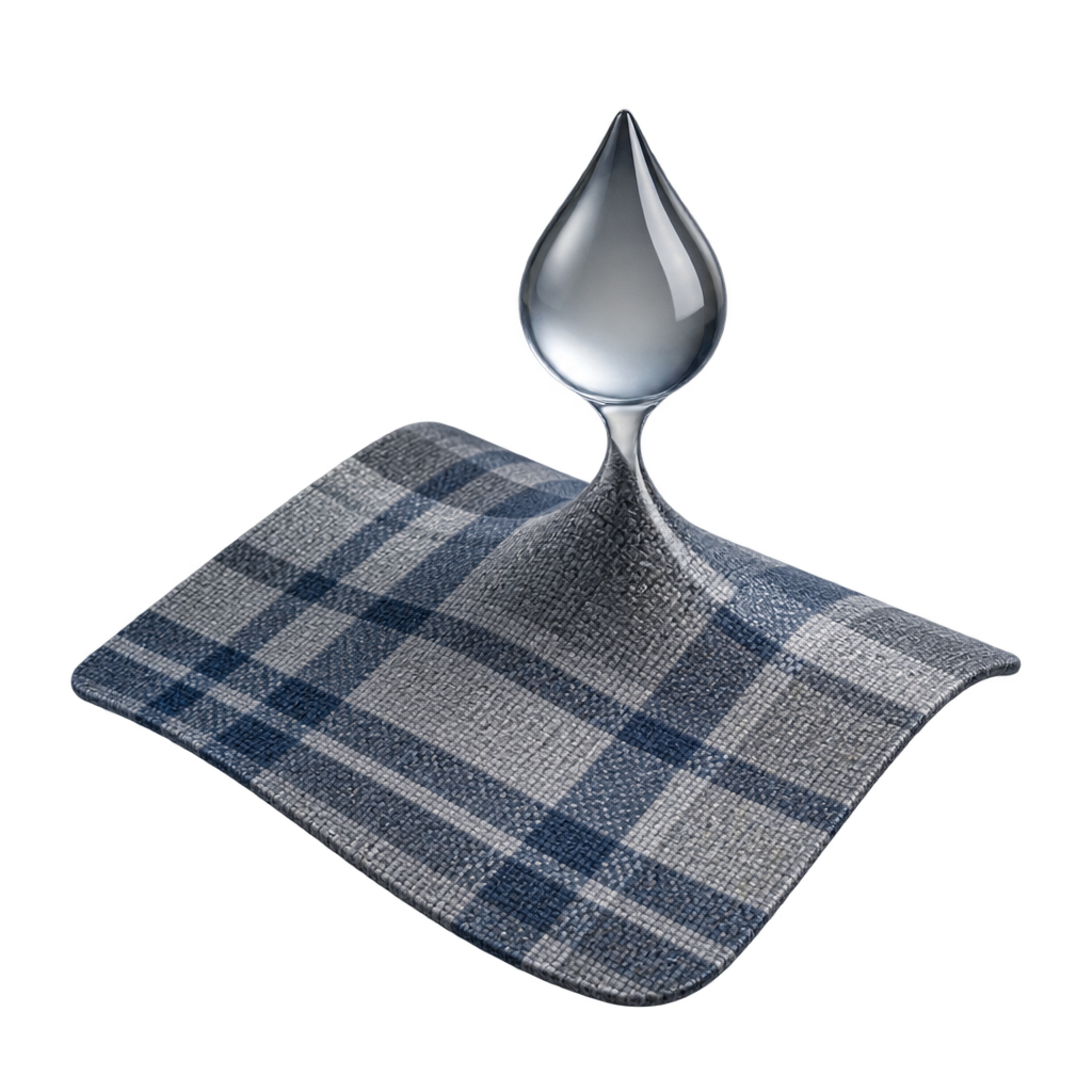 Illustration of a clear water droplet above a blue and grey plaid fabric swatch.