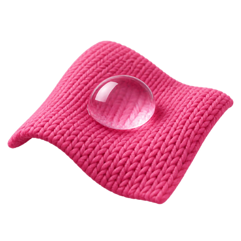 Illustration of a clear water droplet on a pink knitted swatch.