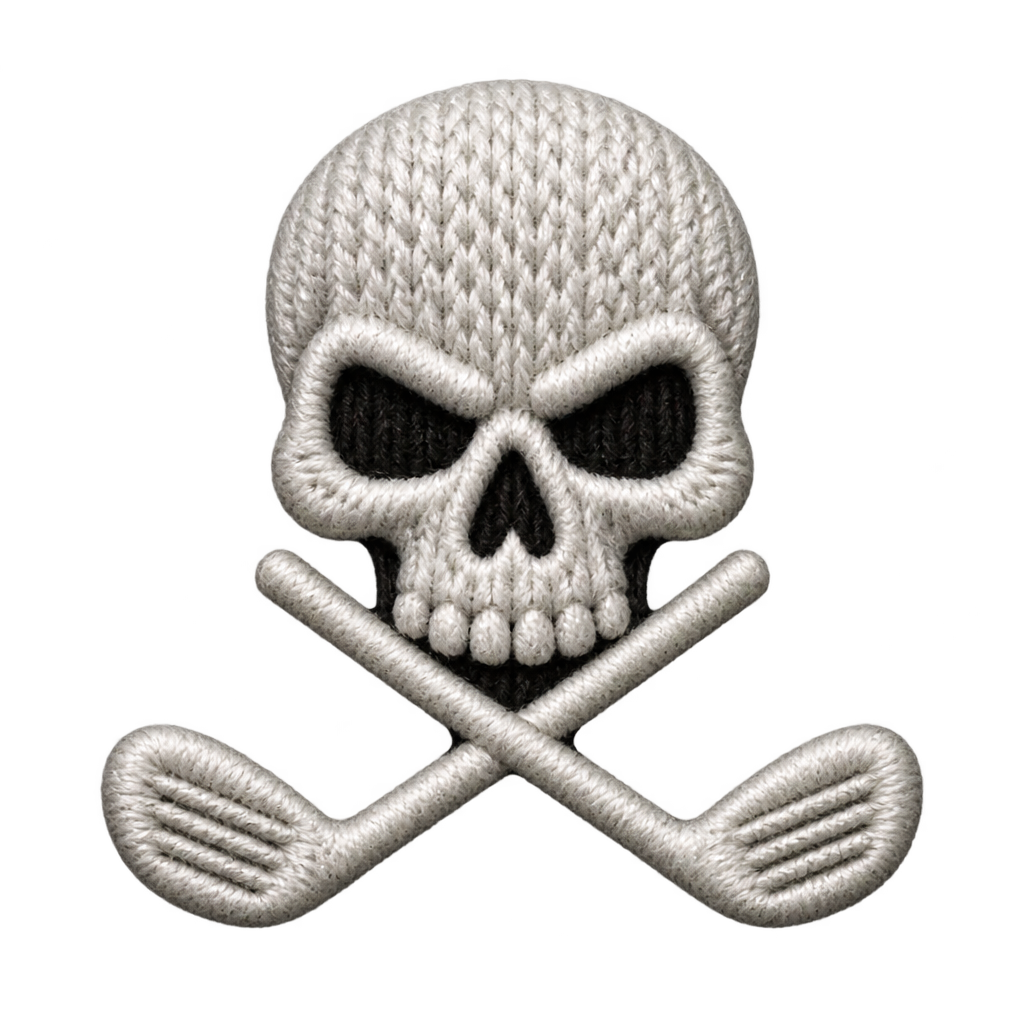 Cream-colored knitted-style skull-and-crossed-clubs illustration.