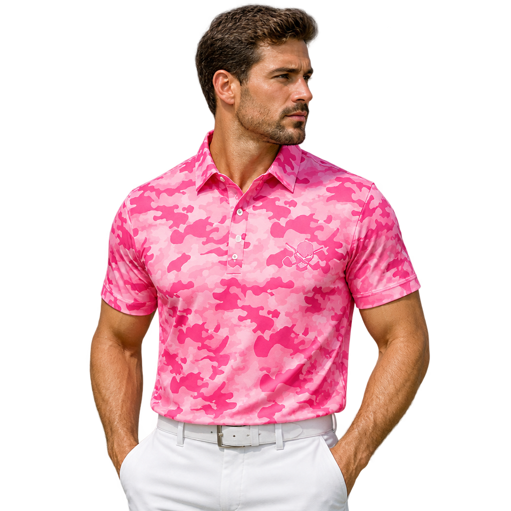 Man wearing a pink camouflage golf polo with white trousers and a white belt.
