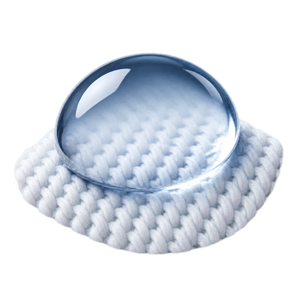 Illustration of a clear water droplet resting on white knitted fabric.