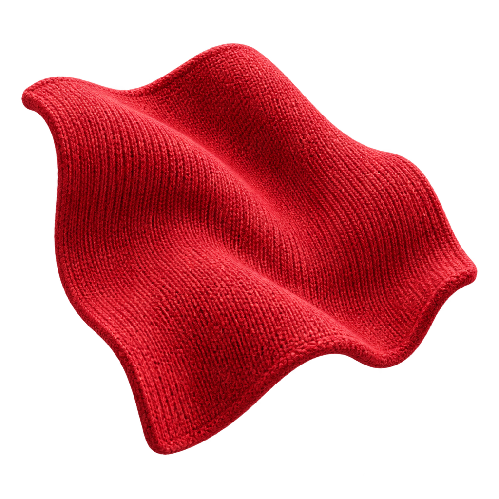 Illustration of a curved red knitted fabric swatch.