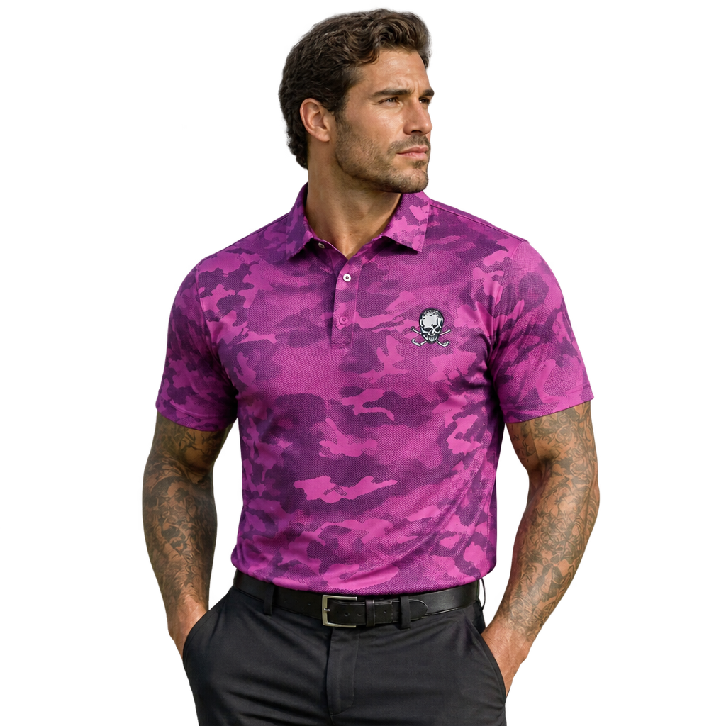 Tattooed man wearing a purple camouflage polo with black trousers.