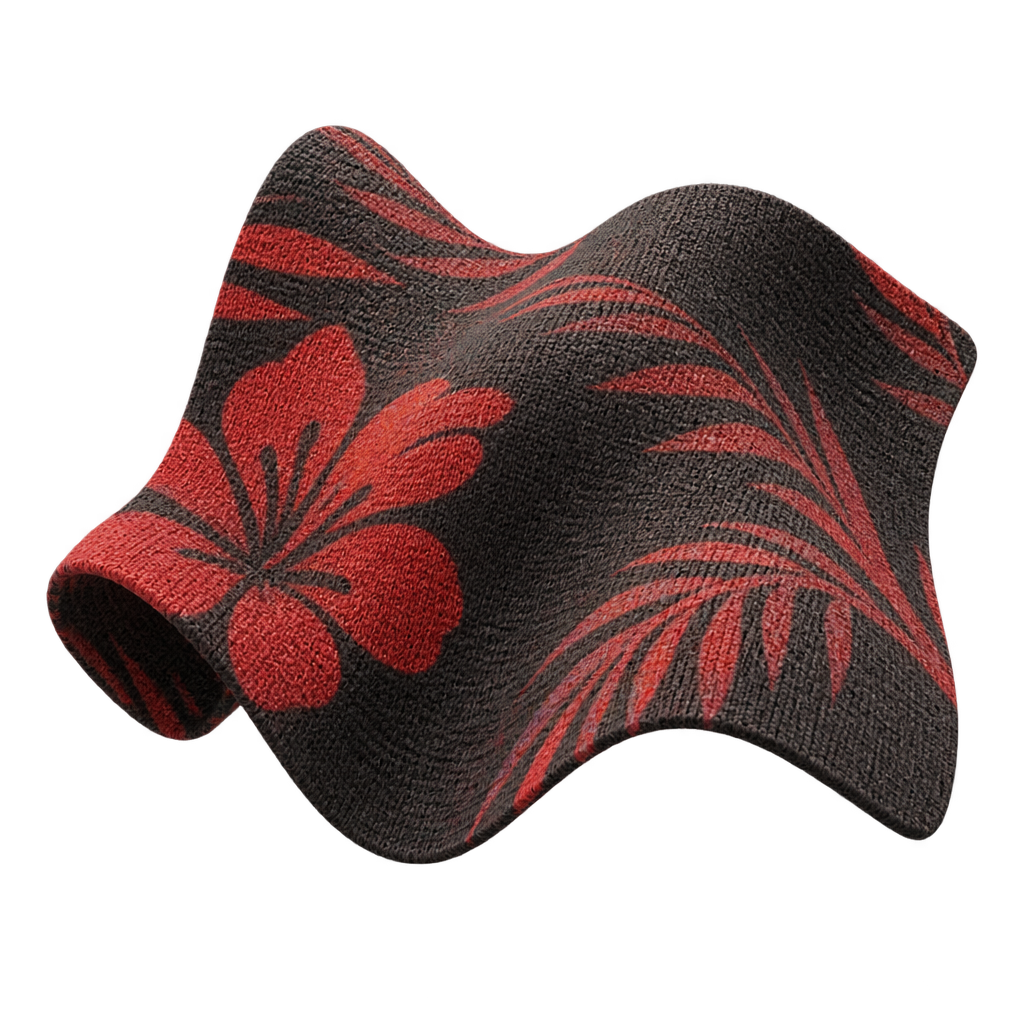 Illustration of black fabric with large red hibiscus and palm-leaf artwork.