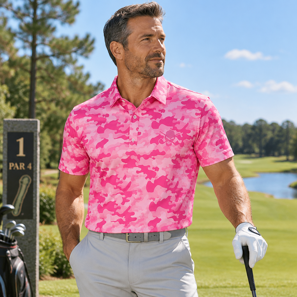 Golfer wearing a pink camouflage polo and light grey trousers beside a tee marker.