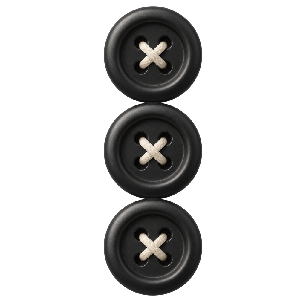 Three black buttons with cream crossed stitches.