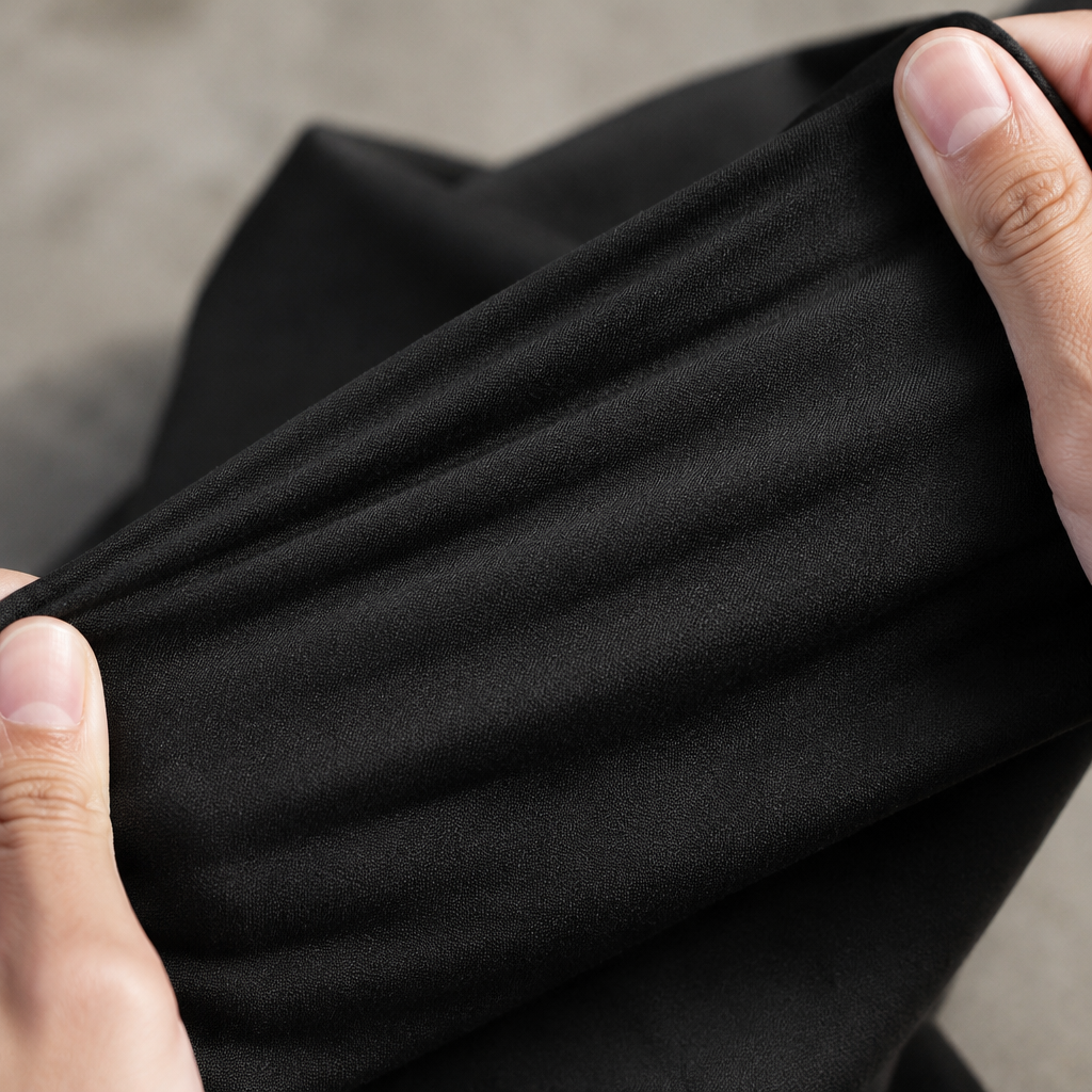 Hands pulling a piece of black fabric sideways.