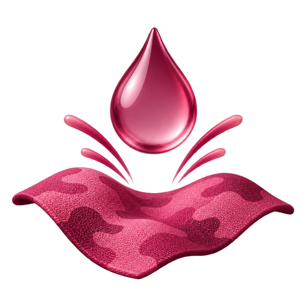 Illustration of a pink water droplet above a pink camouflage fabric swatch.