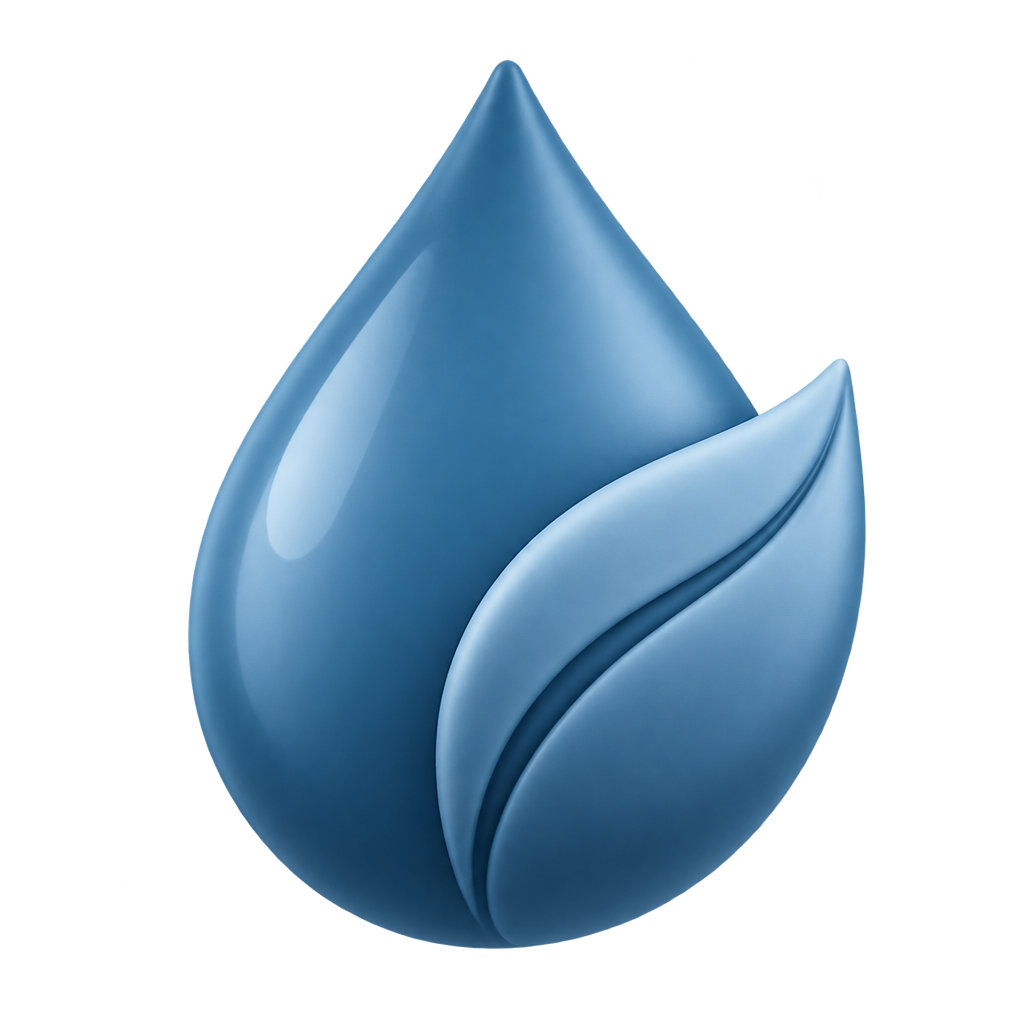 Blue water-droplet icon with a curved leaf shape inside.