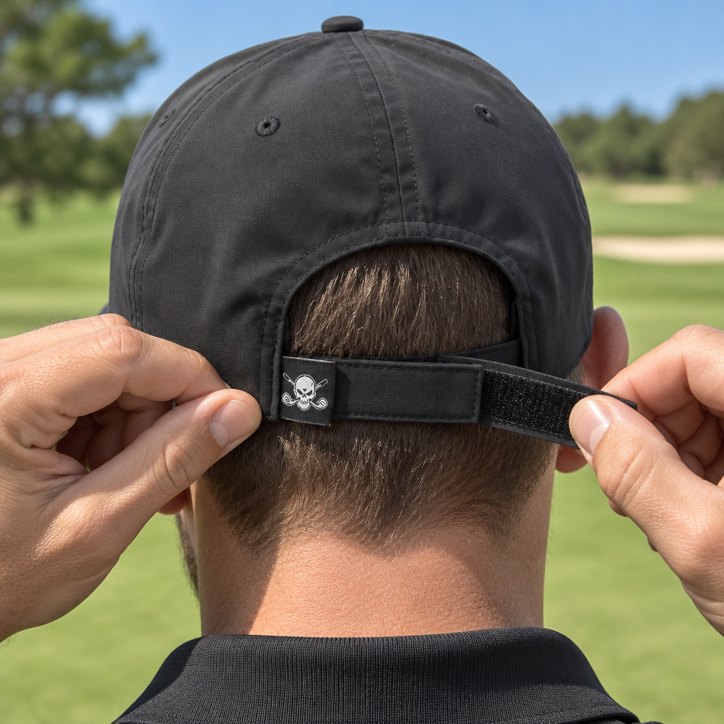 Rear view of a man adjusting a black cap's strap, showing a small skull label.