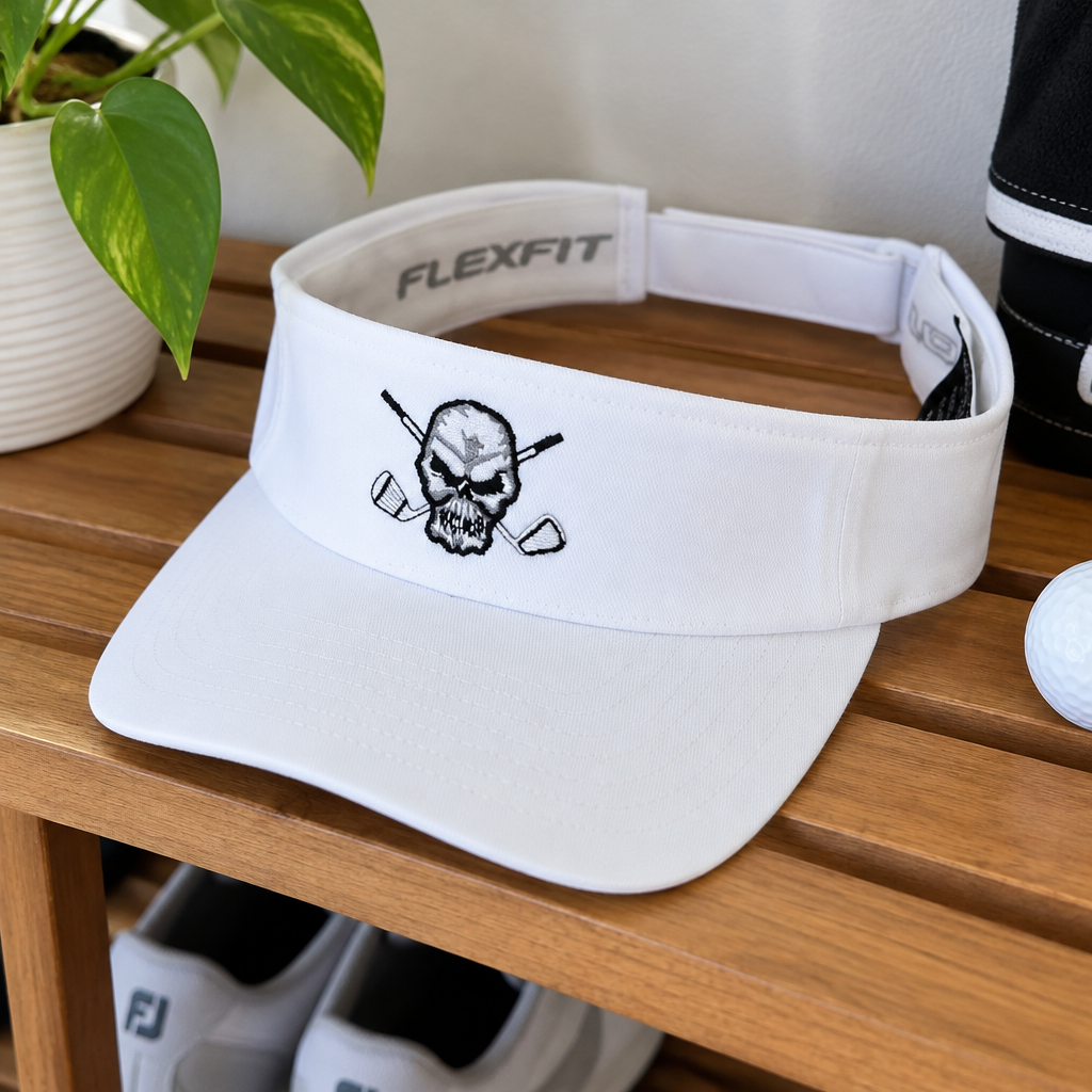 White skull-logo visor resting on a wooden shelf.