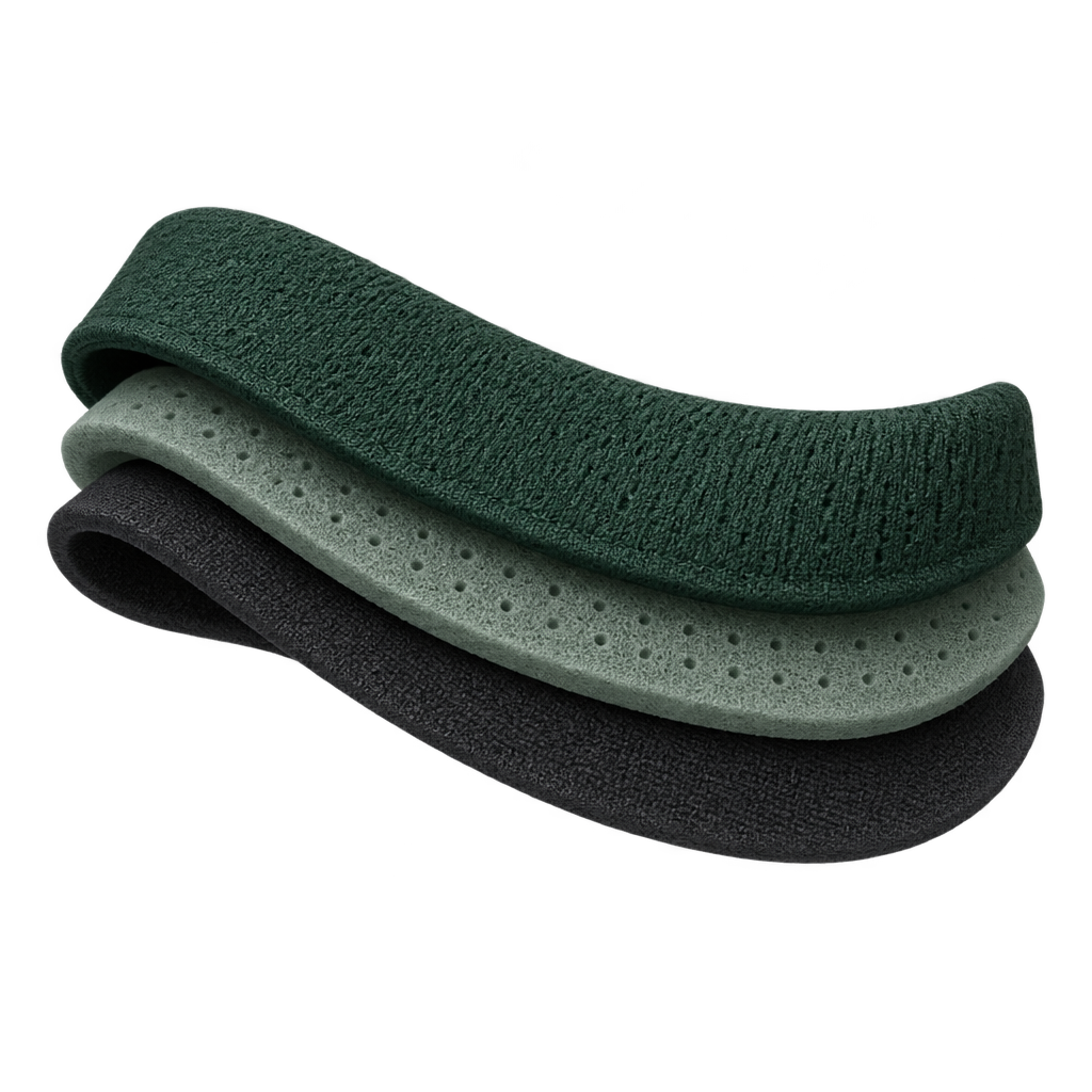Illustration of three curved green and black fabric layers.