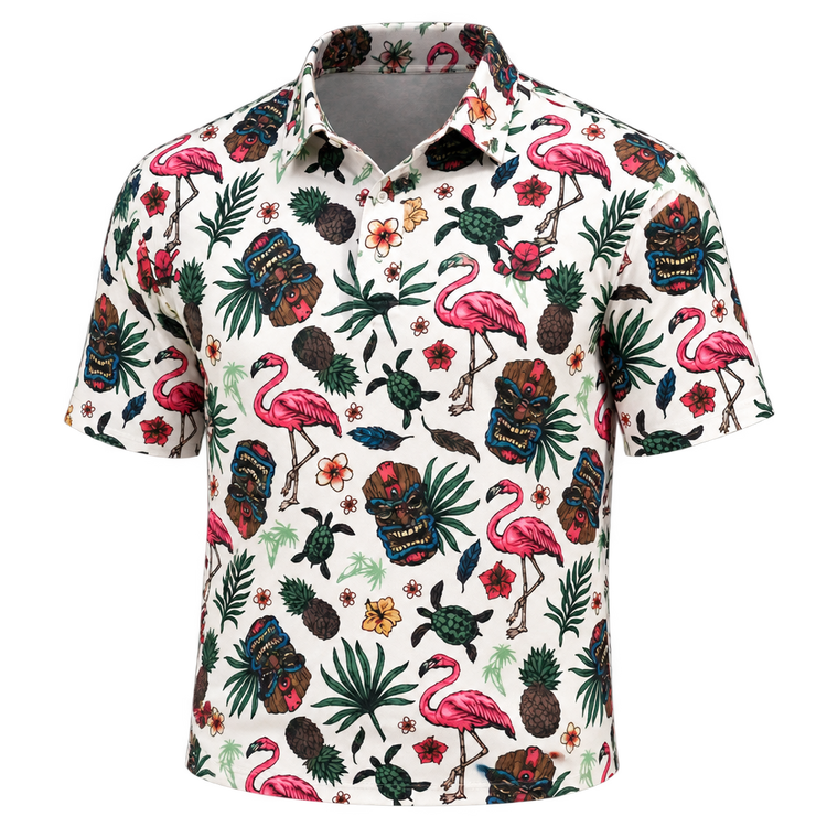 Front view of a white polo with pink flamingos, tiki masks and tropical plants.