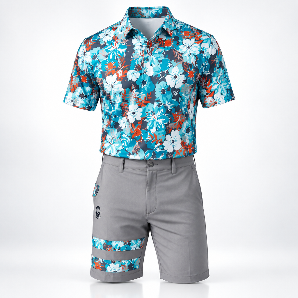 Teal floral polo and grey striped-leg shorts outfit displayed on white.