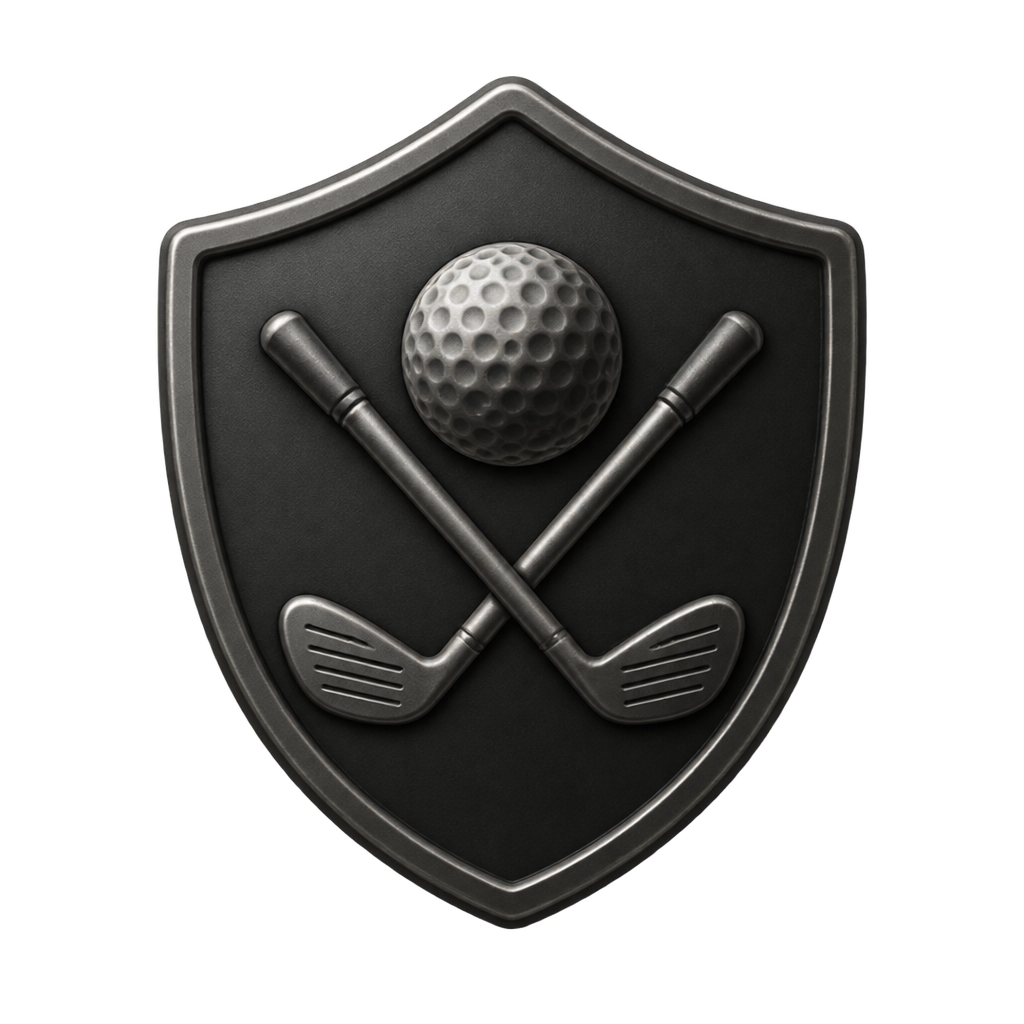 Dark shield emblem containing a golf ball above two crossed golf clubs.