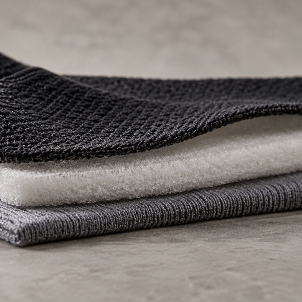Close-up of stacked dark and light fabric layers.