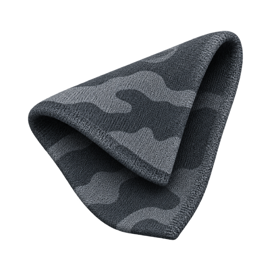 Illustration of a curled grey camouflage fabric swatch.