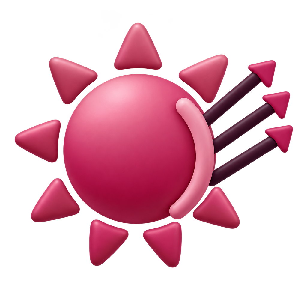 Pink sun icon with a curved band and three diagonal arrows.